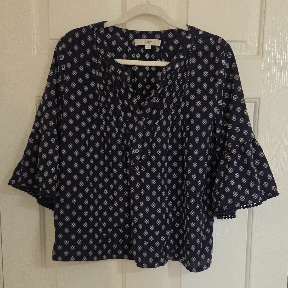 LOFT Navy Diamond-Print Flutter Sleeve Blouse